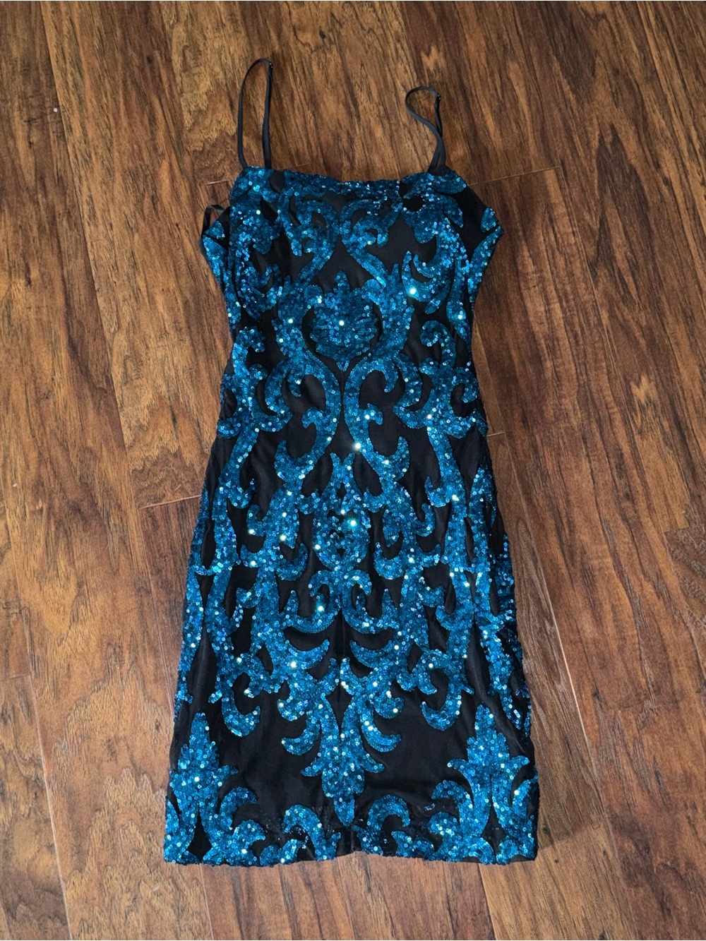 Black Dress with Teal Sequin Pattern - Women's Evening Dress homecoming dress